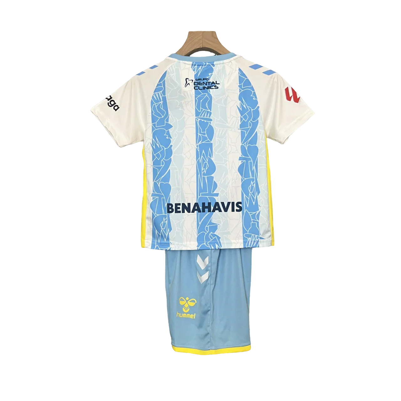 Málaga CF oficial kit infantil Mini Mantos, camisa e shorts azuis e brancos