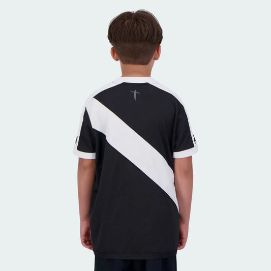 Camisa oficial infantil Vasco da Gama, kit Mini Mantos, vista traseira do uniforme preto e branco diagonal