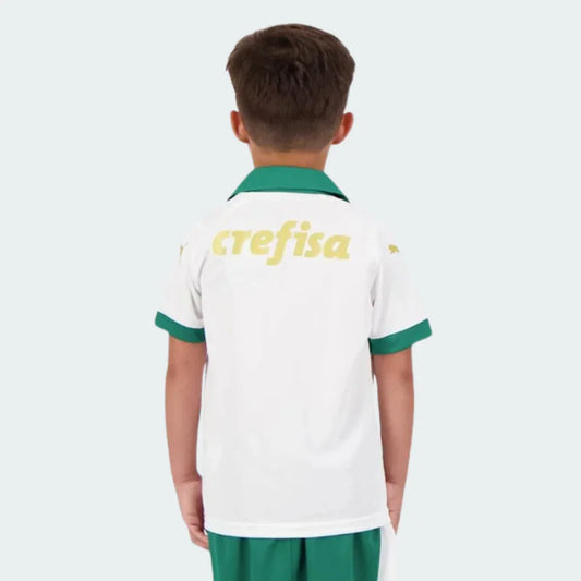 Kit camisa oficial Palmeiras infantil Mini Mantos branco e verde, Crefisa costas