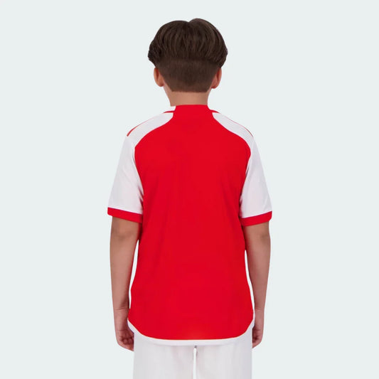 Camisa oficial Arsenal infantil Mini Mantos. Kit futebol vermelho e branco, visto de costas