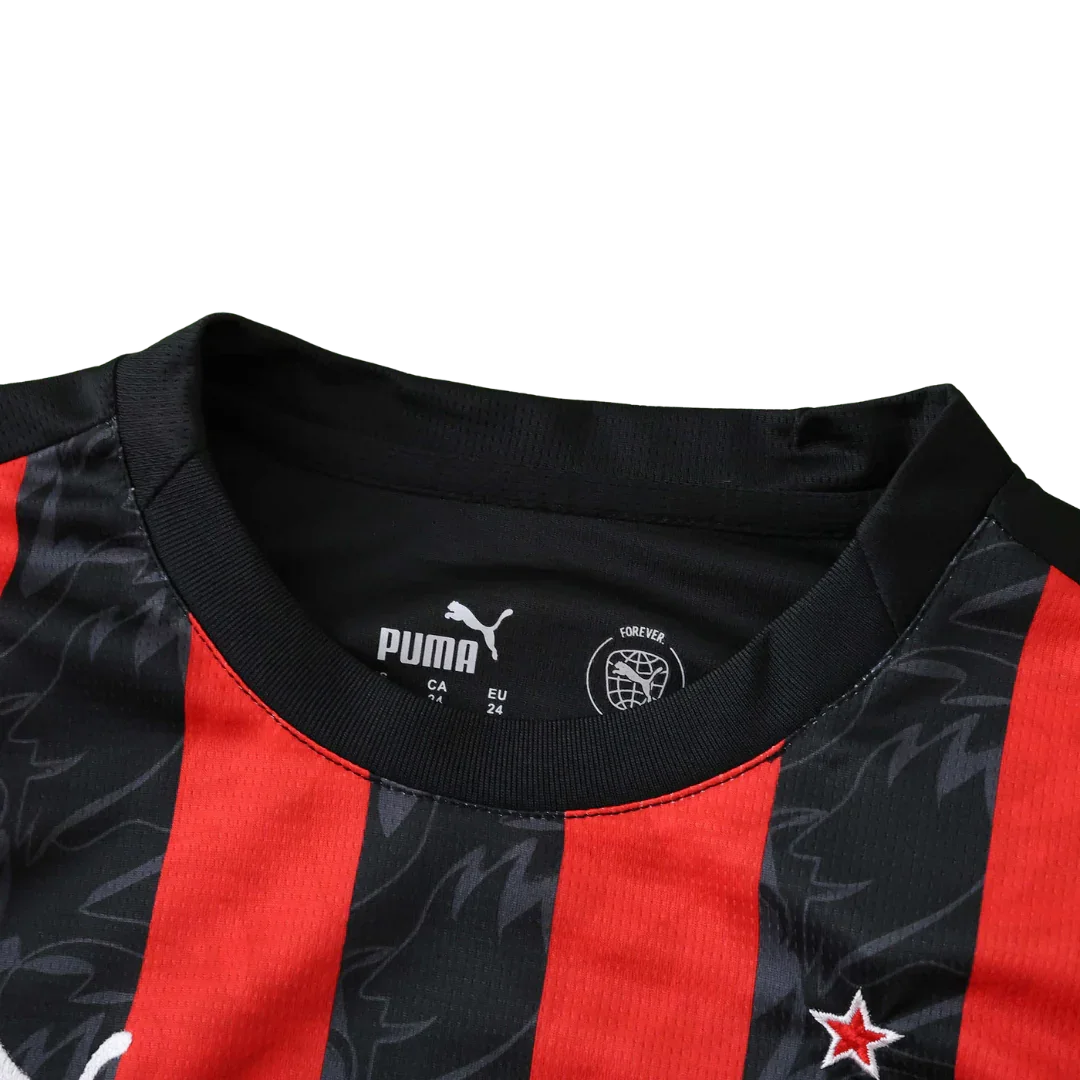 Camisa oficial AC Milan infantil Puma, kit Mini Mantos Home 23/24, listras rubro-negras