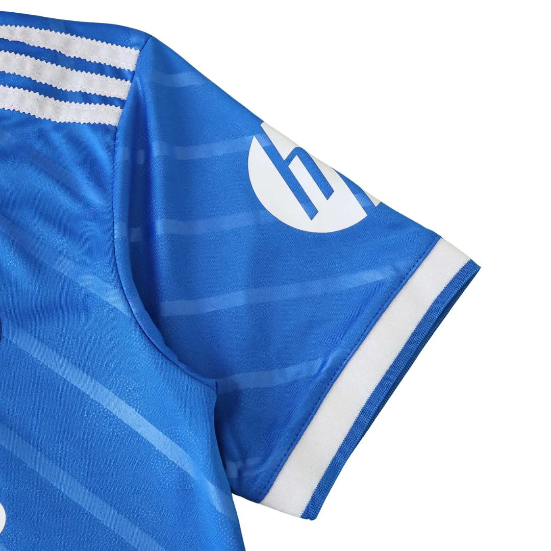 Camisa Adidas azul oficial infantil kit Mini Mantos Olympique Lyon com logo HP