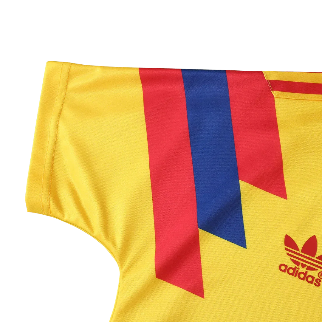 Kit camisa oficial infantil Colômbia Mini Mantos amarela listras vermelhas e azuis