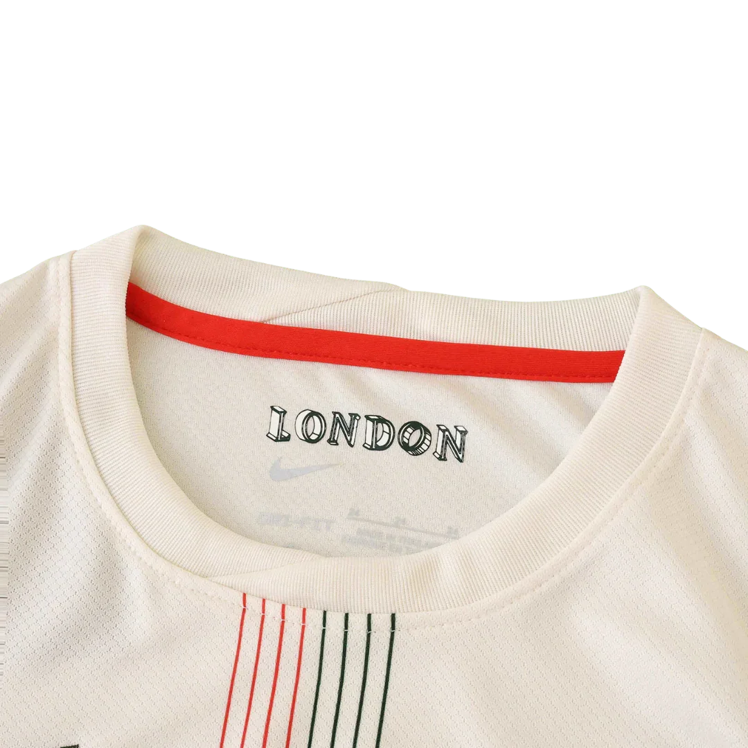 Kit camisa oficial infantil Mini Mantos Londres, detalhes da gola, design exclusivo e listras