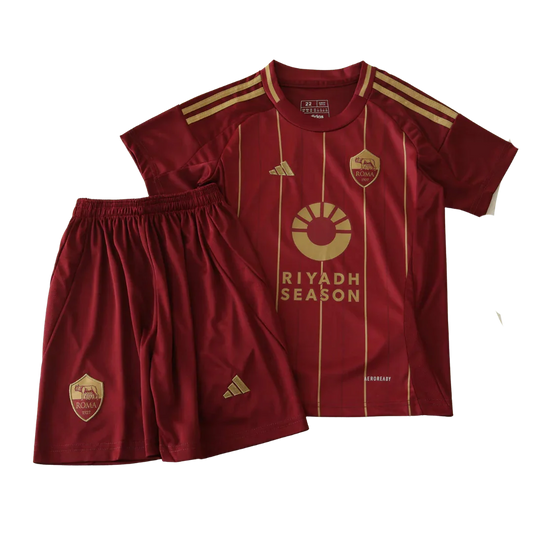 Kit infantil oficial AS Roma Mini Mantos Adidas. Camisa e shorts vermelhos com dourado
