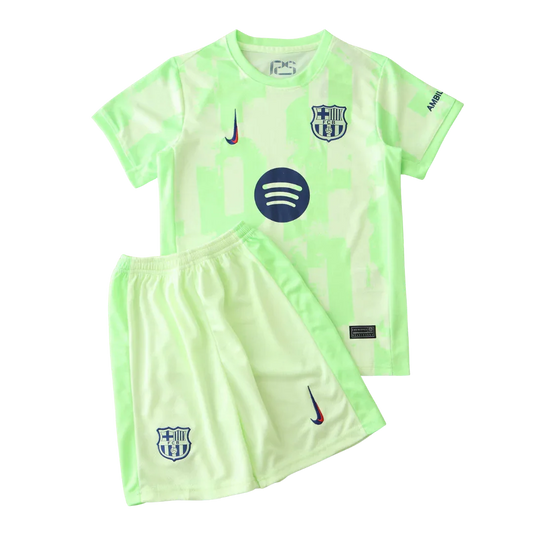 Kit oficial Mini Mantos infantil do FC Barcelona. Camisa verde limão com shorts