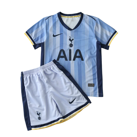 Mini Mantos: Kit oficial camisa infantil Tottenham Hotspur listrada azul clara e branca
