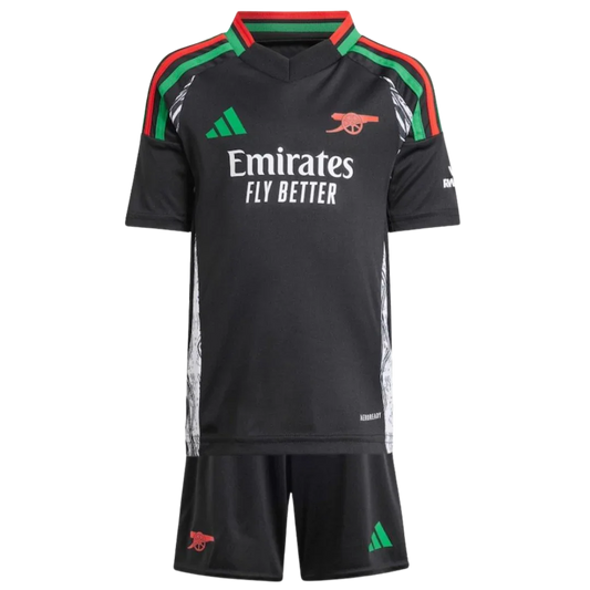 Mini Mantos: kit oficial infantil Arsenal, camisa e shorts pretos com detalhes verdes e vermelhos