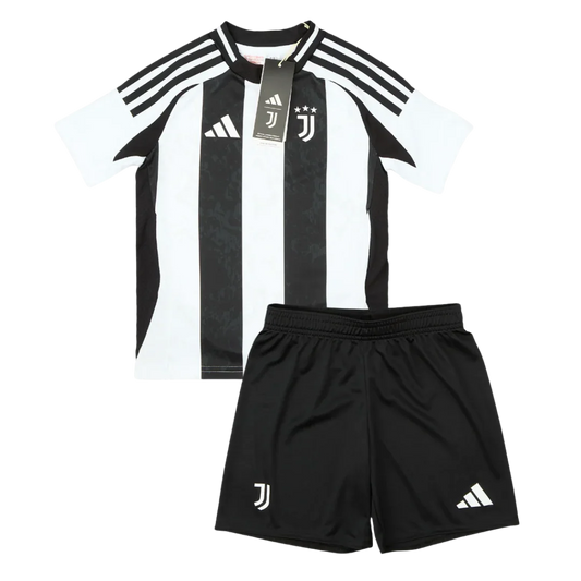 Kit oficial infantil Juventus camisa e shorts preto e branco. Mini Mantos da Juventus para crianças