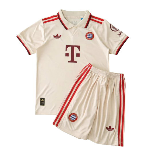 Kit oficial infantil Bayern de Munique Mini Mantos: camisa e shorts off-white com detalhes vermelhos