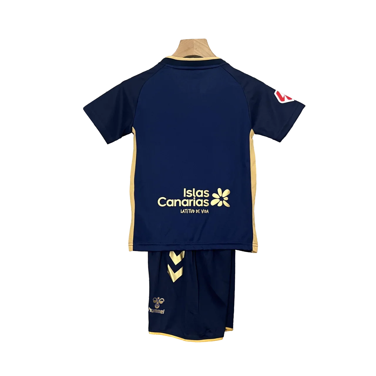 Kit infantil oficial Las Palmas, camisa e shorts Mini Mantos azul com Isla Canarias e Hummel