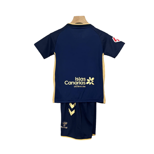 Kit infantil oficial Las Palmas, camisa e shorts Mini Mantos azul com Isla Canarias e Hummel
