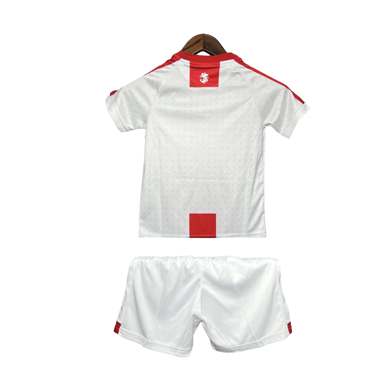 Kit oficial infantil de futebol Mini Mantos Inglaterra: camisa e shorts brancos com detalhes vermelhos, vista de costas