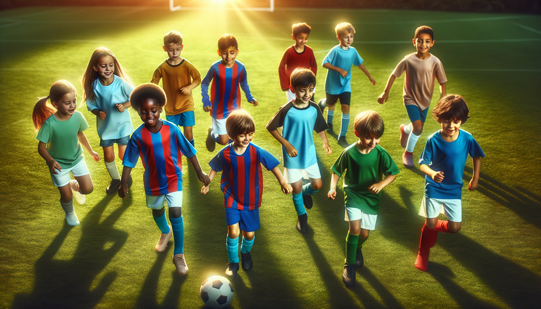 crianças jogando futebol usando camisas de times, gramado verde e luz do sol