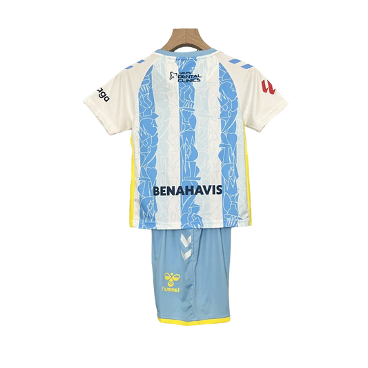 Málaga CF oficial kit infantil Mini Mantos, camisa e shorts azuis e brancos