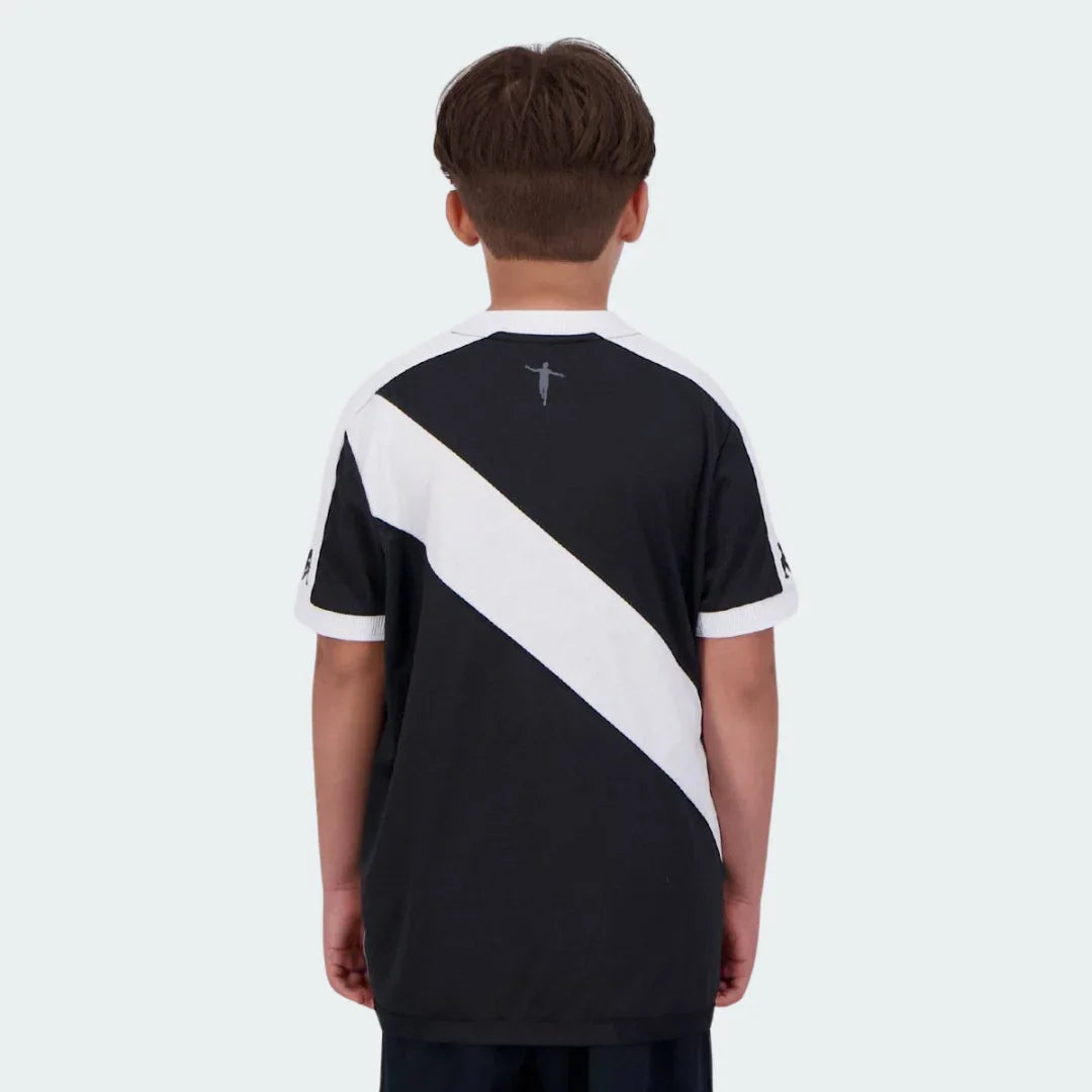 Camisa oficial infantil Vasco da Gama, kit Mini Mantos, vista traseira do uniforme preto e branco diagonal