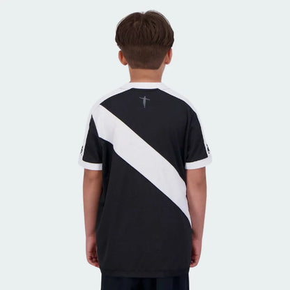 Camisa oficial infantil Vasco da Gama, kit Mini Mantos, vista traseira do uniforme preto e branco diagonal