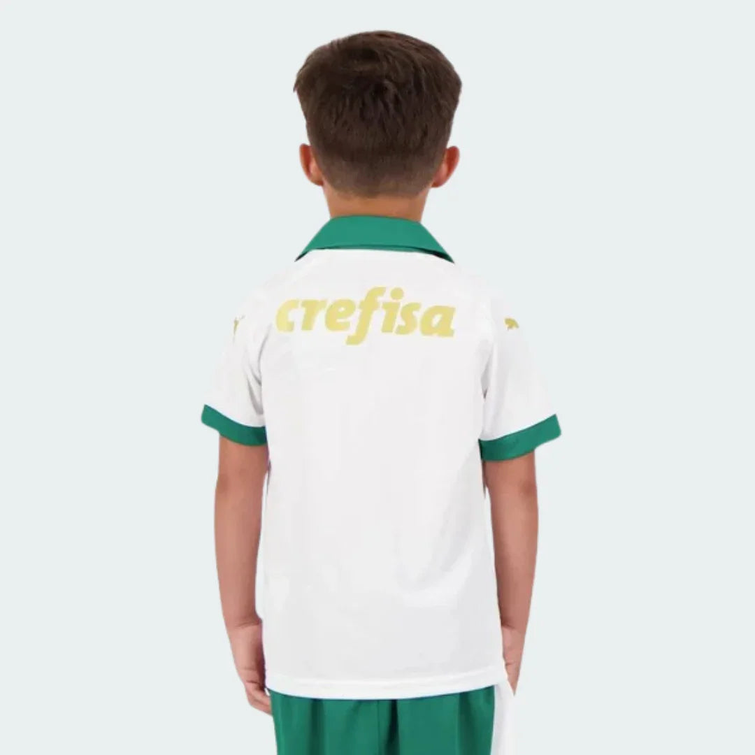 Kit camisa oficial Palmeiras infantil Mini Mantos branco e verde, Crefisa costas