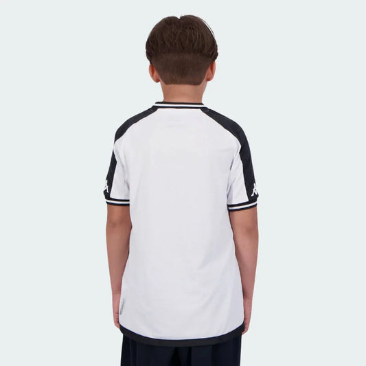 Camisa oficial de futebol infantil Mini Mantos, kit Kombat. Vista traseira branca e preta