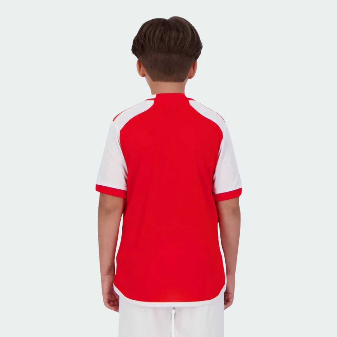 Camisa oficial Arsenal infantil Mini Mantos. Kit futebol vermelho e branco, visto de costas