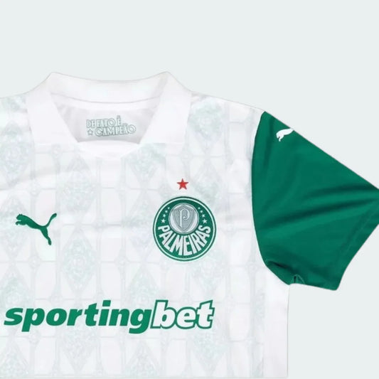 Camisa oficial Palmeiras infantil Mini Mantos, kit branco e verde. Para futuros torcedores campeões do Palmeiras
