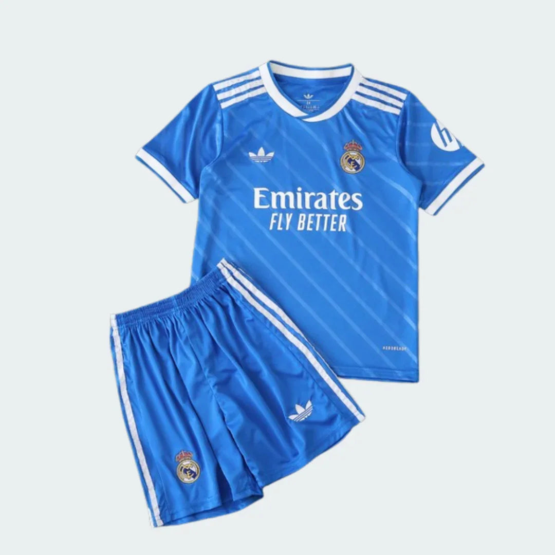 Kit infantil oficial Real Madrid azul, camisa Mini Mantos