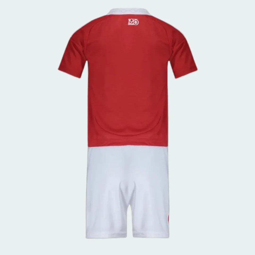 Kit oficial infantil Benfica, camisa Mini Mantos vermelha e shorts branco, visão traseira para pequenos fãs