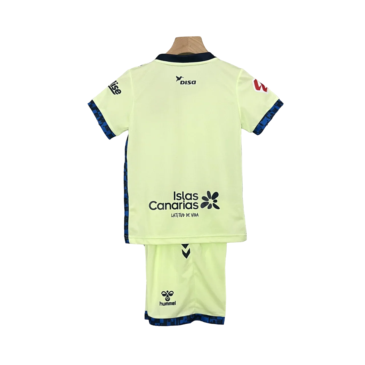 Kit oficial Mini Mantos UD Las Palmas infantil 4, camisa e shorts amarelo e azul