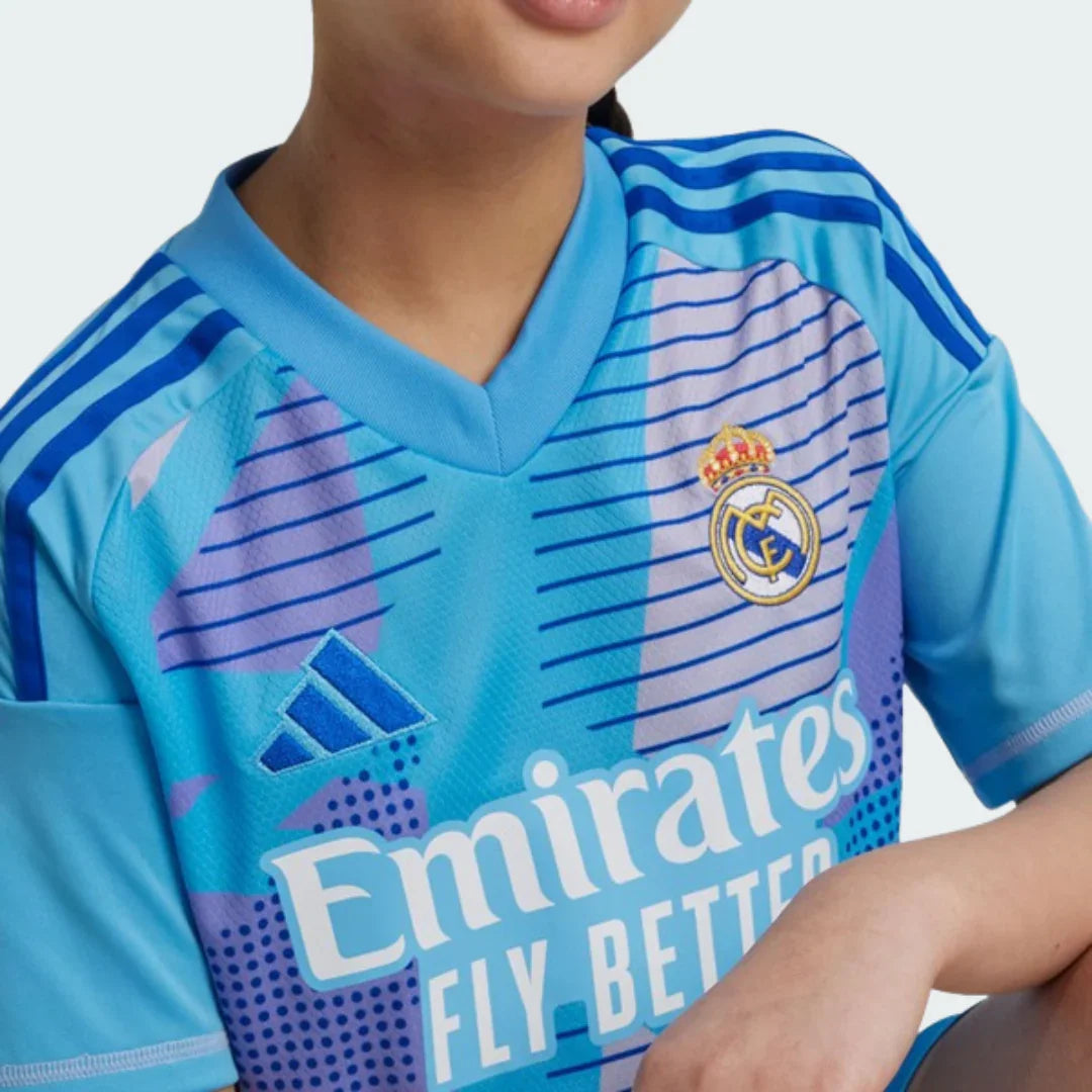 Camisa infantil oficial Real Madrid kit Mini Mantos, cores azul e roxo