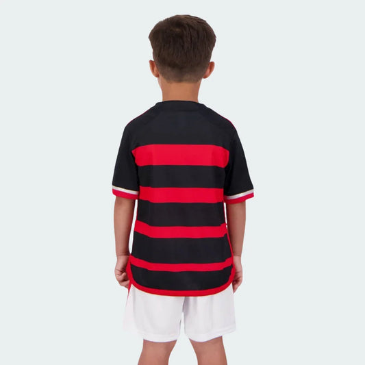 Mini Mantos Kit infantil oficial camisa Flamengo preto e vermelho com shorts brancos
