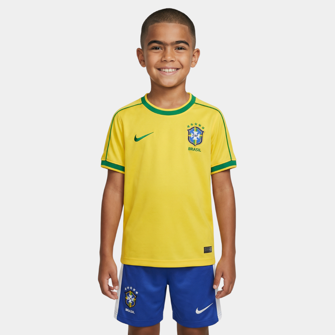 Menino vestindo o kit infantil do Brasil de 1998, com camisa amarela, detalhes em verde e calção azul.