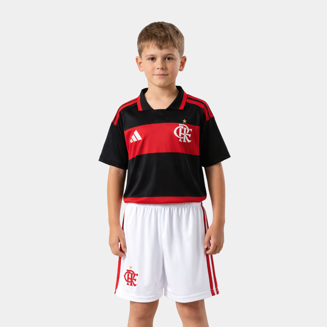 Kit infantil Flamengo I 26/27 – criança com camisa preta e vermelha e short branco com escudo do Mengão, frente.
