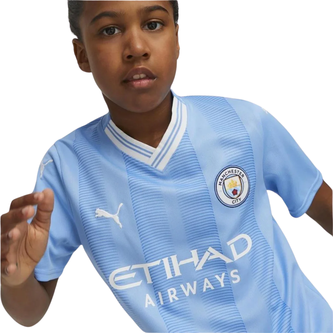Mini Mantos: camisa oficial infantil Manchester City kit. Perfeita para os pequenos craques