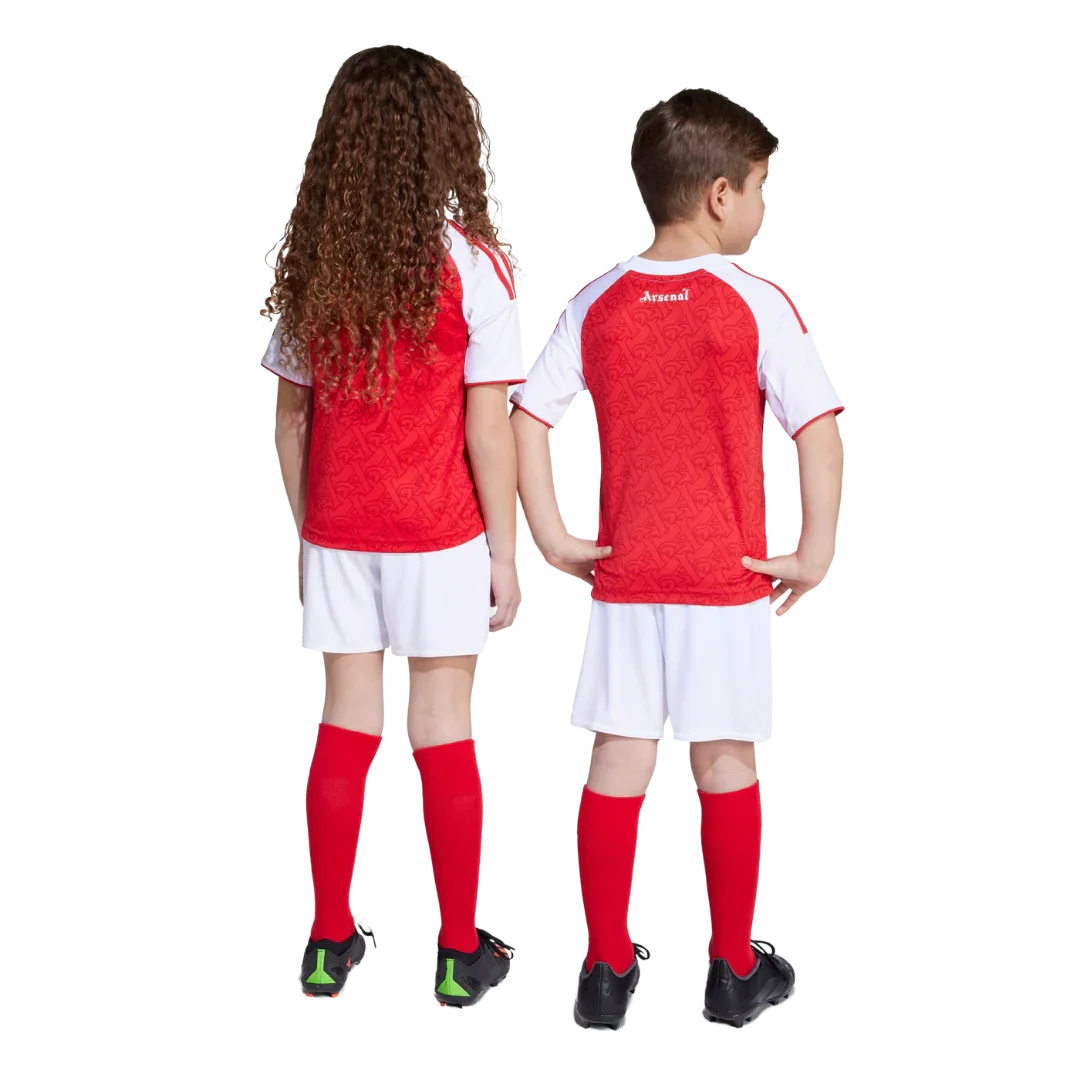 Mini Mantos Arsenal infantil oficial kit. Camisa, shorts e meiões do Arsenal para crianças, vista traseira