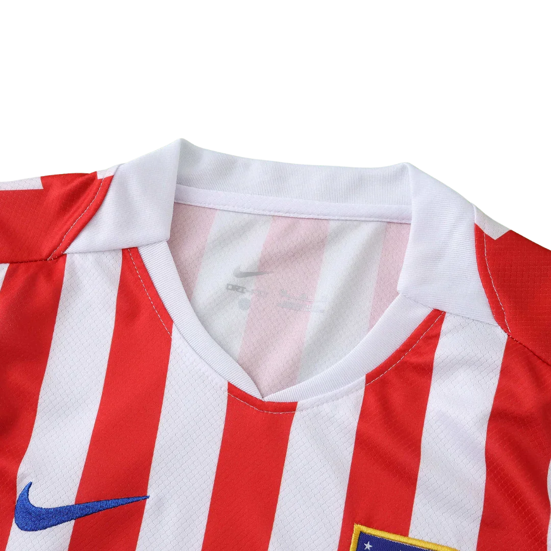 Camisa oficial infantil Atlético Madrid Nike kit Mini Mantos listrada vermelho e branco
