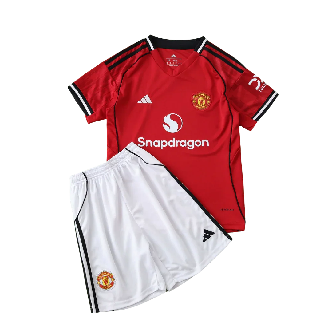Kit oficial infantil Manchester United, camisa e shorts Mini Mantos