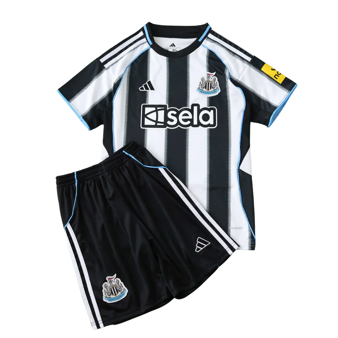 Kit oficial infantil Newcastle United, camisa e shorts preto e branco. Mini Mantos