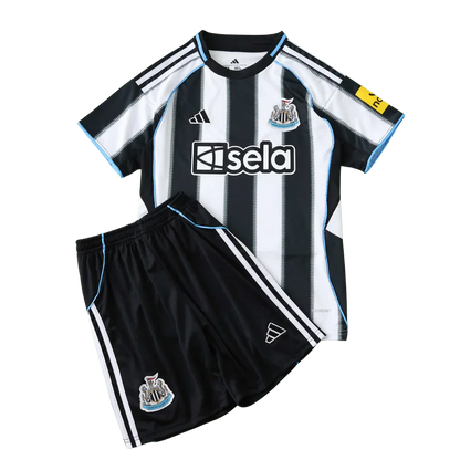 Kit oficial infantil Newcastle United, camisa e shorts preto e branco. Mini Mantos