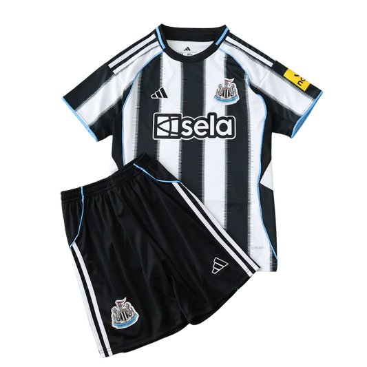 Kit oficial infantil Newcastle United, camisa e shorts preto e branco. Mini Mantos