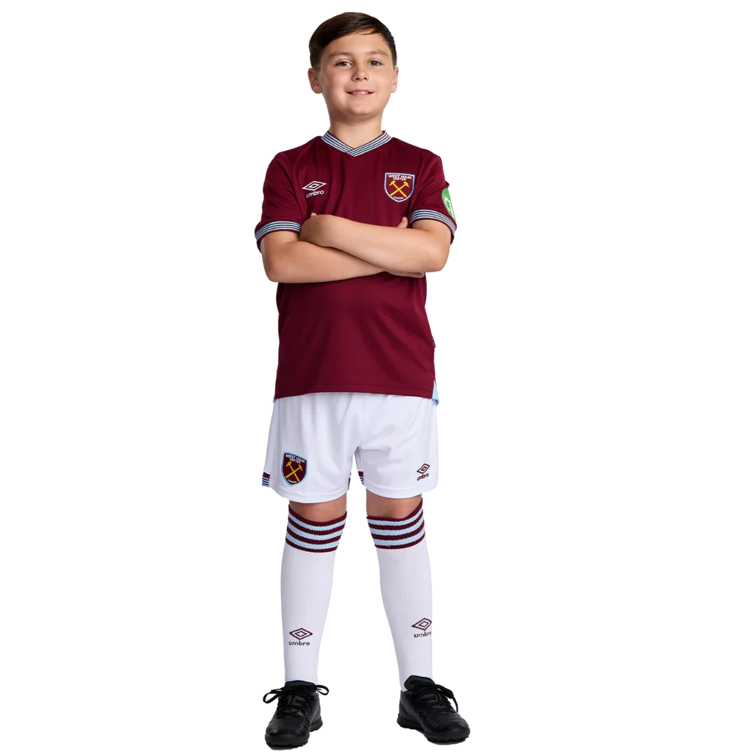 Mini Mantos: kit oficial infantil do West Ham United. Camisa, shorts e meião de futebol para crianças