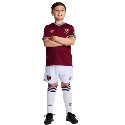 Mini Mantos: kit oficial infantil do West Ham United. Camisa, shorts e meião de futebol para crianças