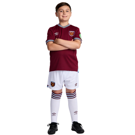 Mini Mantos: kit oficial infantil do West Ham United. Camisa, shorts e meião de futebol para crianças