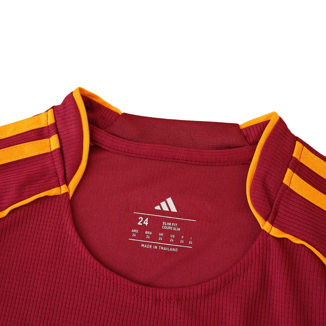Camisa oficial infantil AS Roma Mini Mantos, kit com listras amarelas e tamanho 24 no rótulo da gola