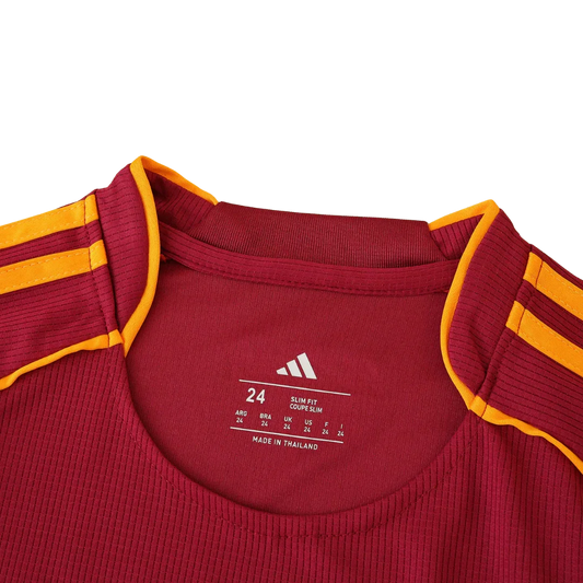 Camisa oficial infantil AS Roma Mini Mantos, kit com listras amarelas e tamanho 24 no rótulo da gola