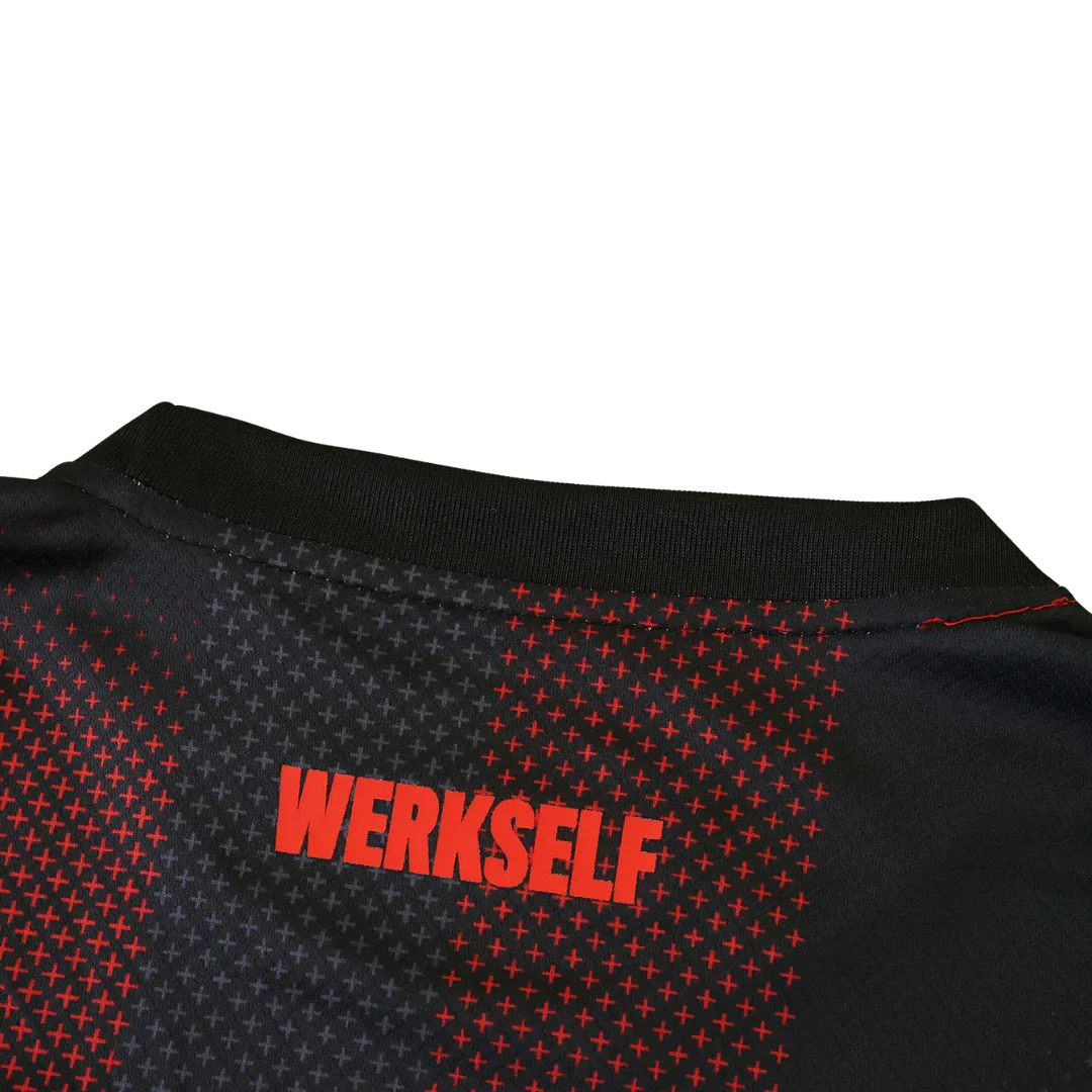 Camisa infantil oficial Mini Mantos kit Bayer Leverkusen com WERKSELF vermelho