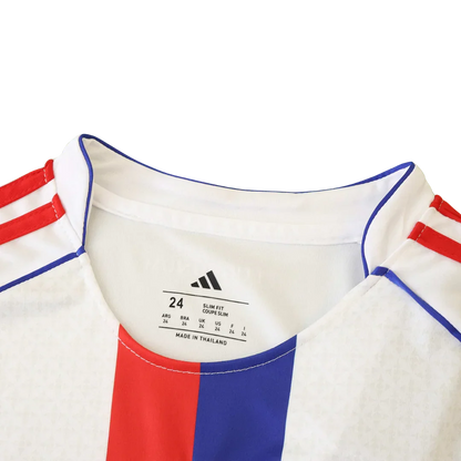 Camisa oficial infantil Mini Mantos Paraguai kit branca com detalhes vermelhos e azuis, tamanho 24