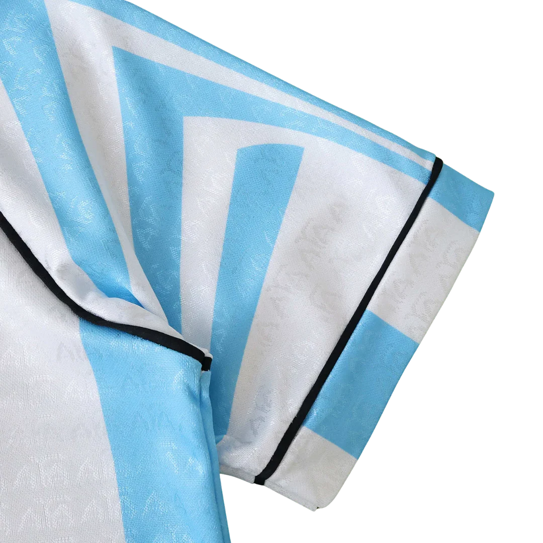 Camisa oficial Argentina infantil Mini Mantos kit, listras azuis e brancas, detalhe manga