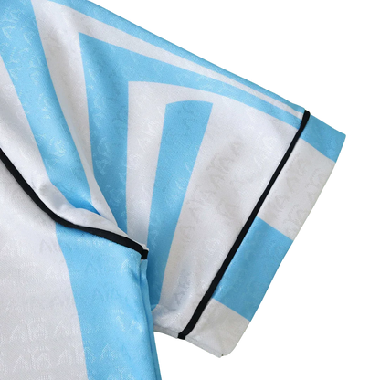 Camisa oficial Argentina infantil Mini Mantos kit, listras azuis e brancas, detalhe manga