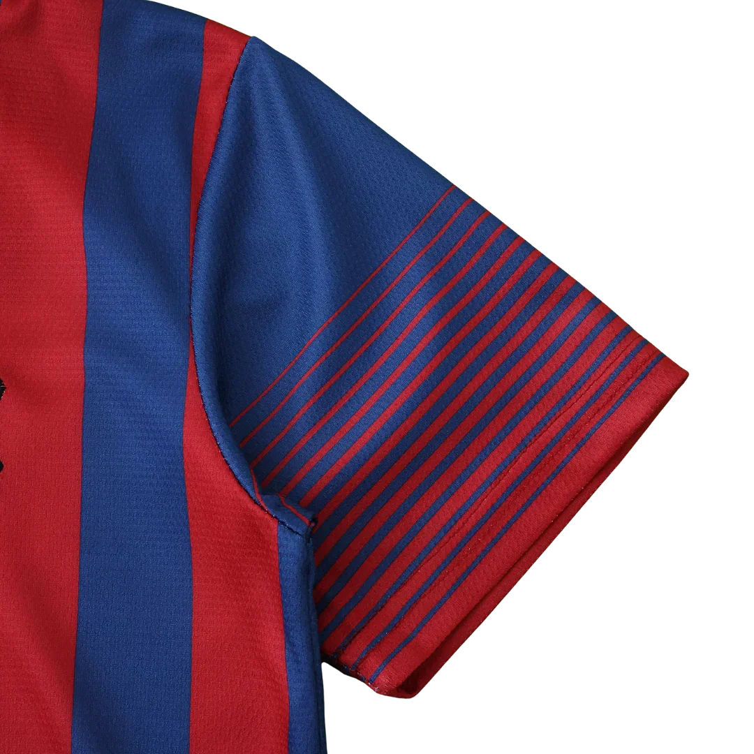Camisa oficial FC Barcelona kit Mini Mantos infantil, listrada azul e vermelha