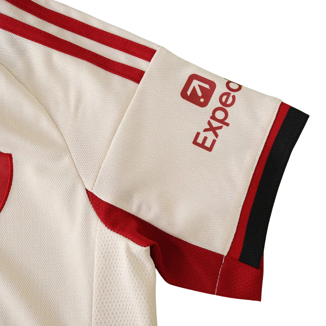 Camisa Arsenal infantil oficial Mini Mantos kit, manga detalhe branca e vermelha com sponsor Expedia